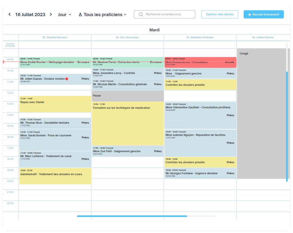 Visuel du calendrier dans le système DentaID