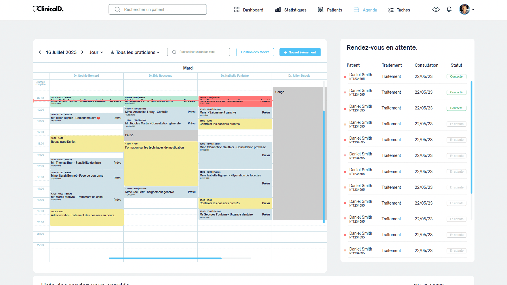 Calendrier de consultation du système ClinicaID